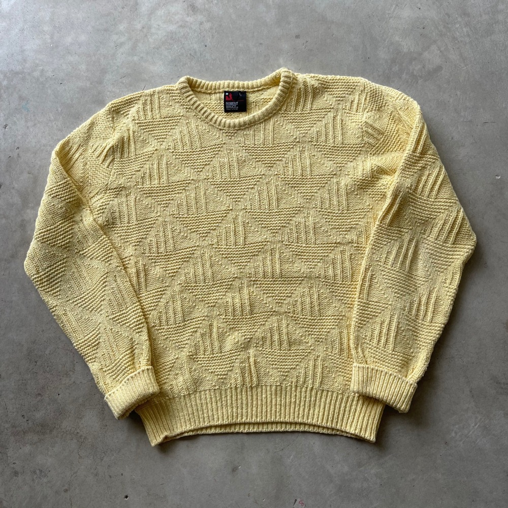 Robert Bruce Vintage Yellow Geometric Knit Crewneck Sweater Mens Large USA Made